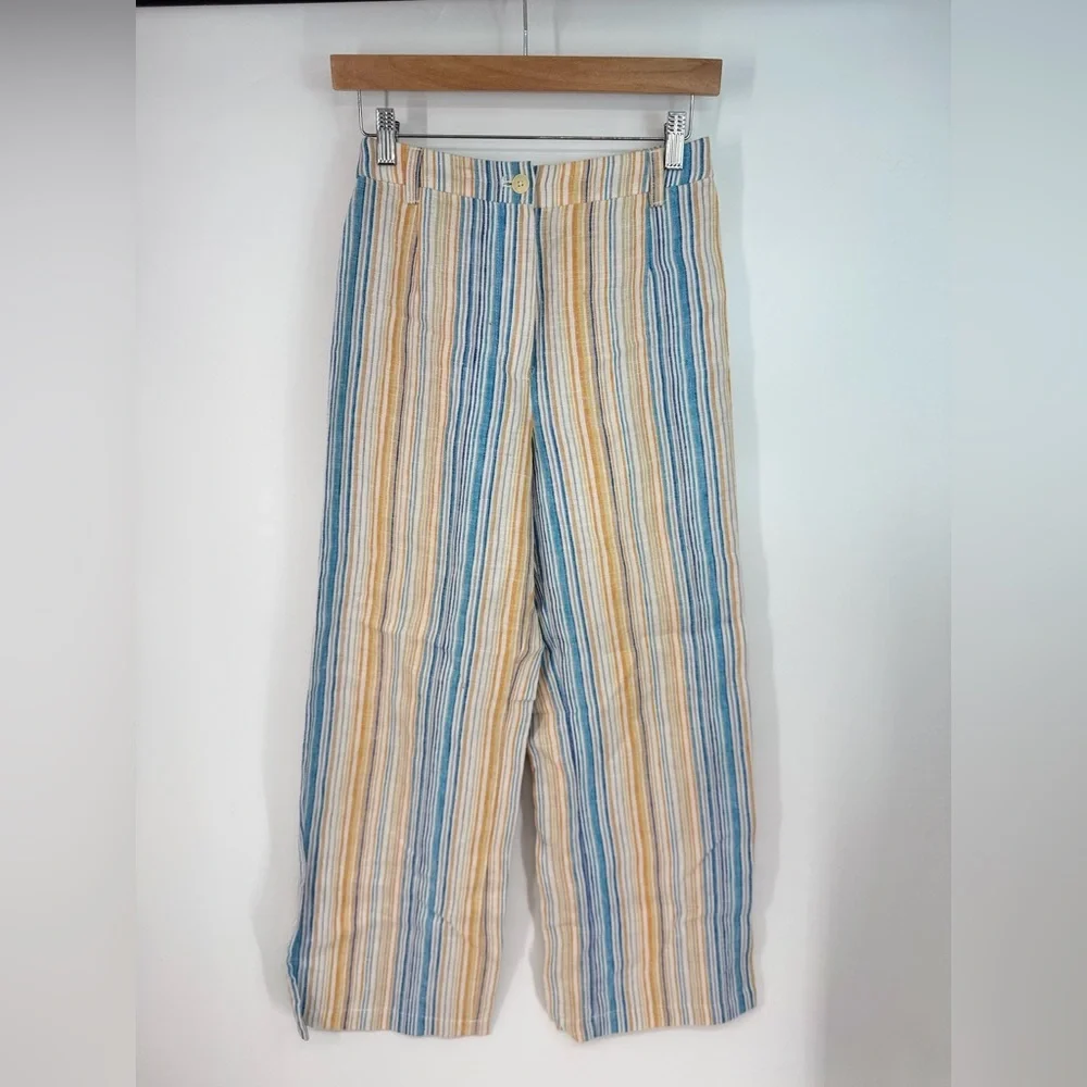 Reformation Pinstripe Beachy Boho Linen High Rise Button Up Wide Leg Pants